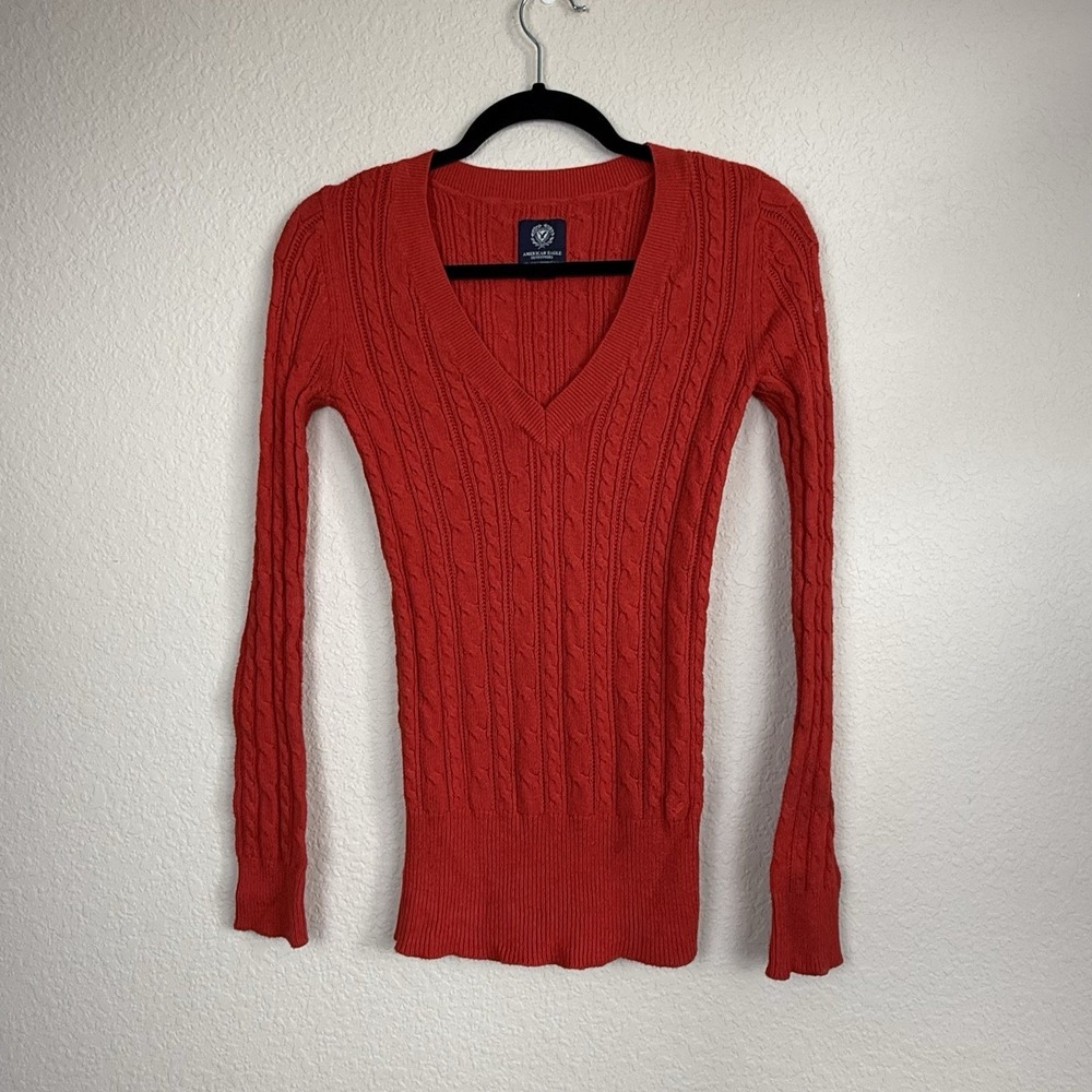 Y2K American Eagle V Neck Fitted Cable Knit Red Sweater‎ Preppy Bella Swan Sz M